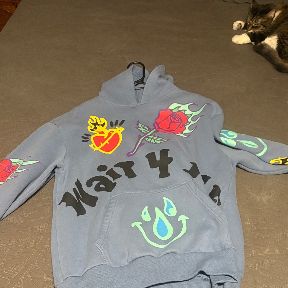 PacSun Blue Hoodie with Heart and Rose Graphics